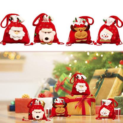 4 pcs Christmas Drawstring Bags – 3D Santa & Reindeer