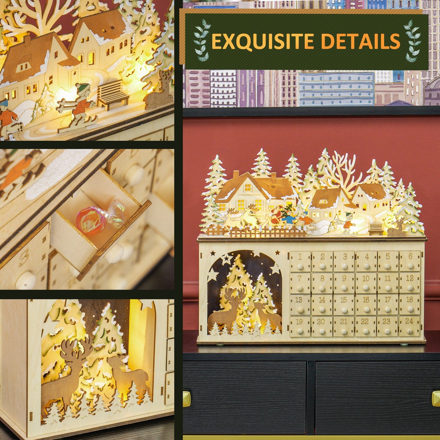 Christmas Advent Calendar with LED Lights, Wooden Holiday Decoration, 24 Countdown Drawers, Battery Operated