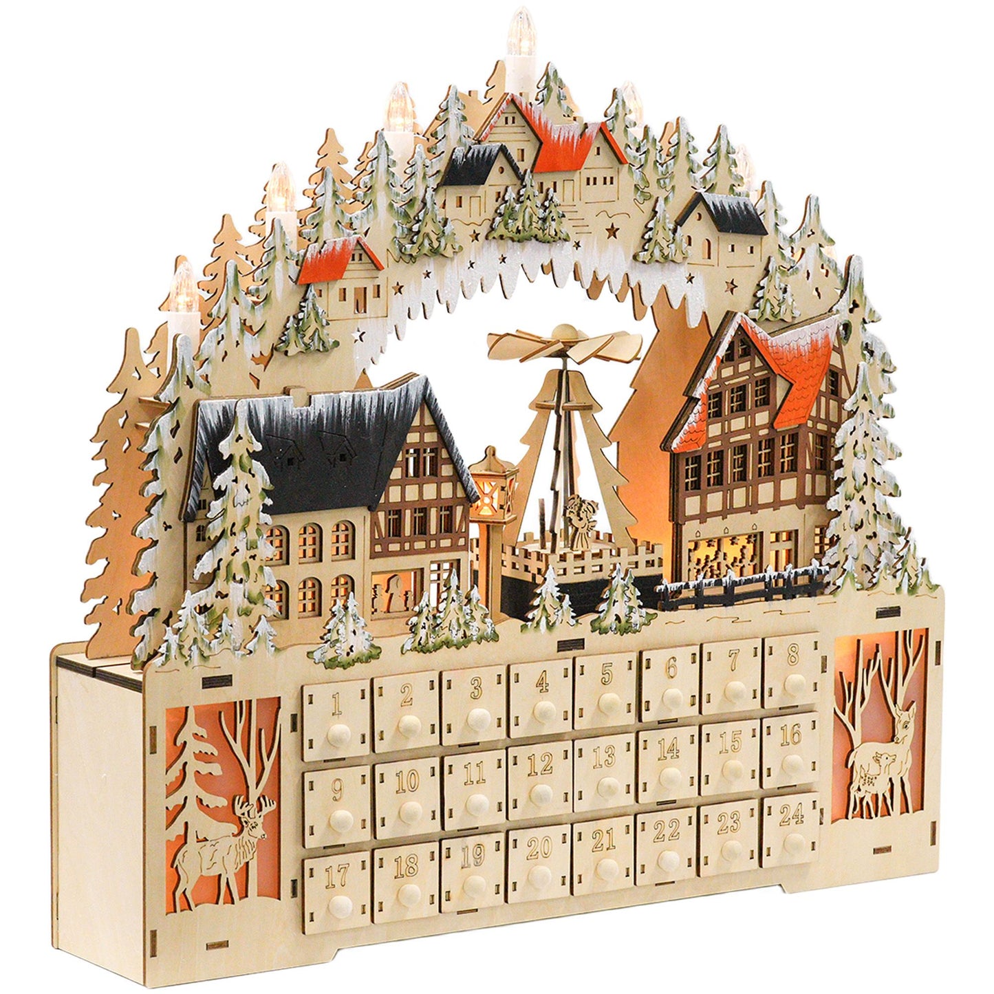 Christmas Advent Calendar with LED Lights, Wooden Holiday Decoration, 24 Countdown Drawers, Battery Operated