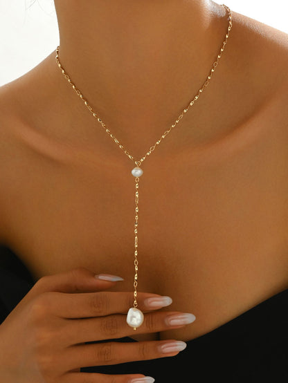 Elegant Gold-Tone Pearl Drop Necklace