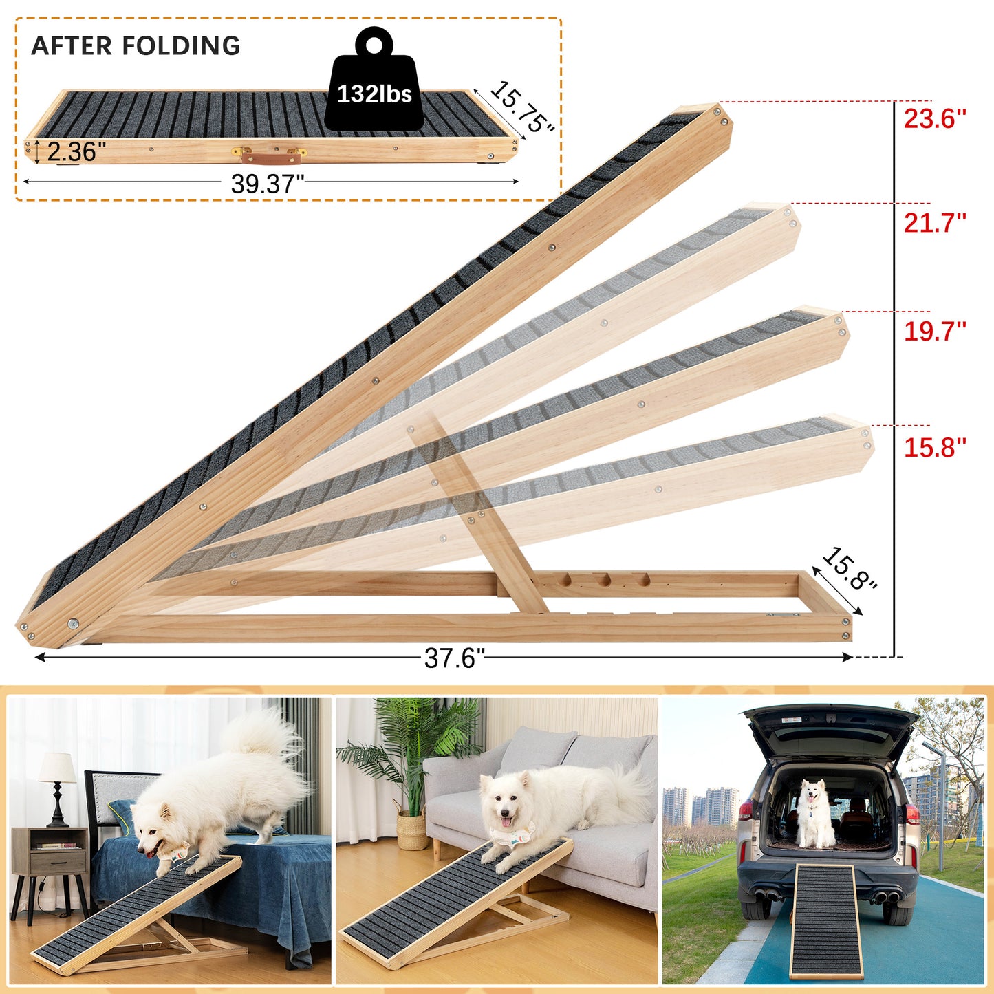 39" Long Wooden Pet Ramp, Folding Dog Cat Ramp with Height Adjustment