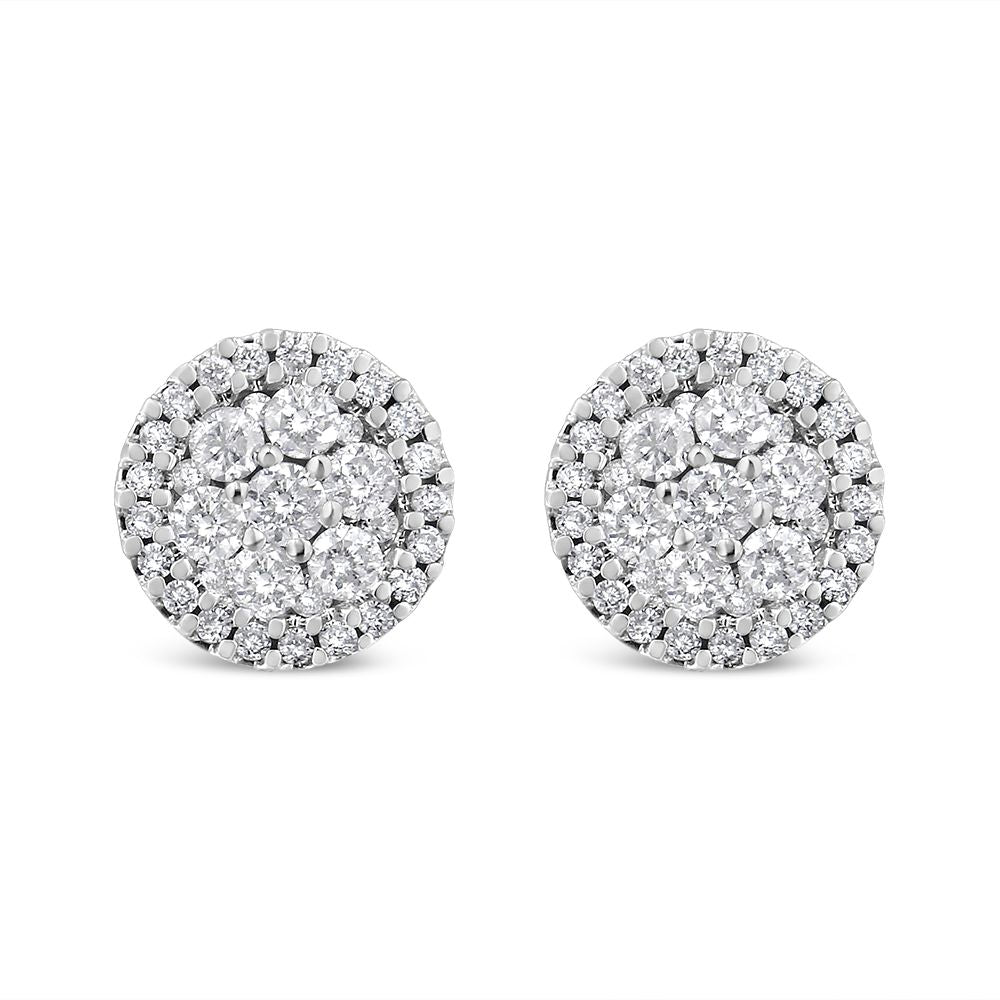 14K White Gold Diamond Halo Button Stud Earrings 1.0 Cttw