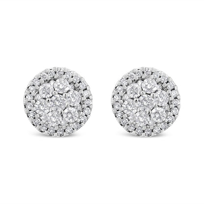 14K White Gold Diamond Halo Button Stud Earrings 1.0 Cttw