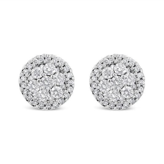 14K White Gold Diamond Halo Button Stud Earrings 1.0 Cttw