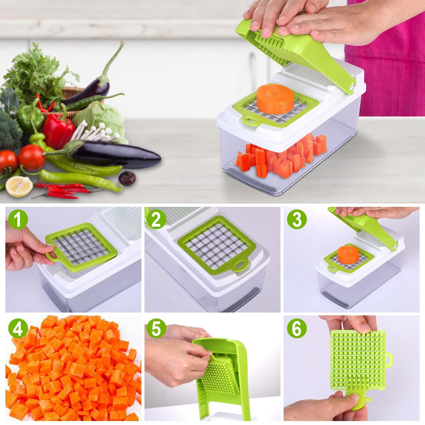 Vegetable Slicer Set with 3 Blades – Quick Food Chopper for Potatoes, Tomatoes & More