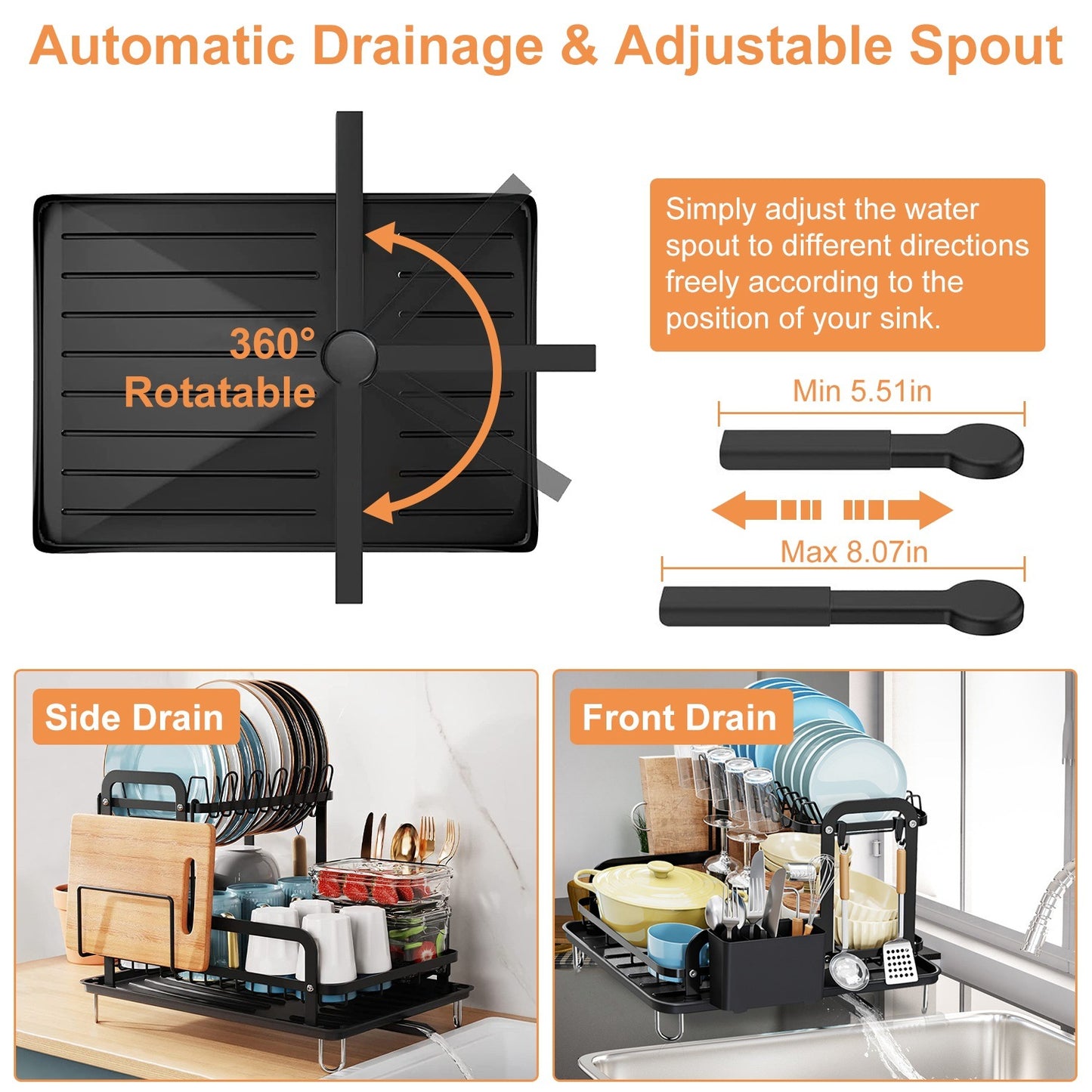 2-Tier Dish Drying Rack with Drainboard & Detachable Organizer