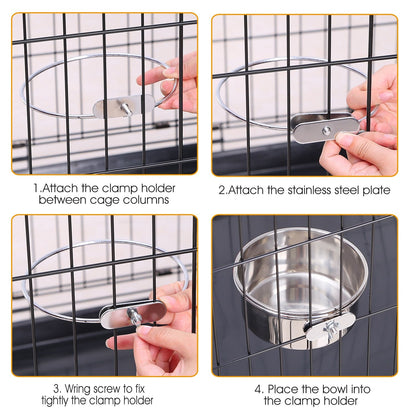 Stainless Steel Dog Bowl with Clamp Holder for Pet Cage