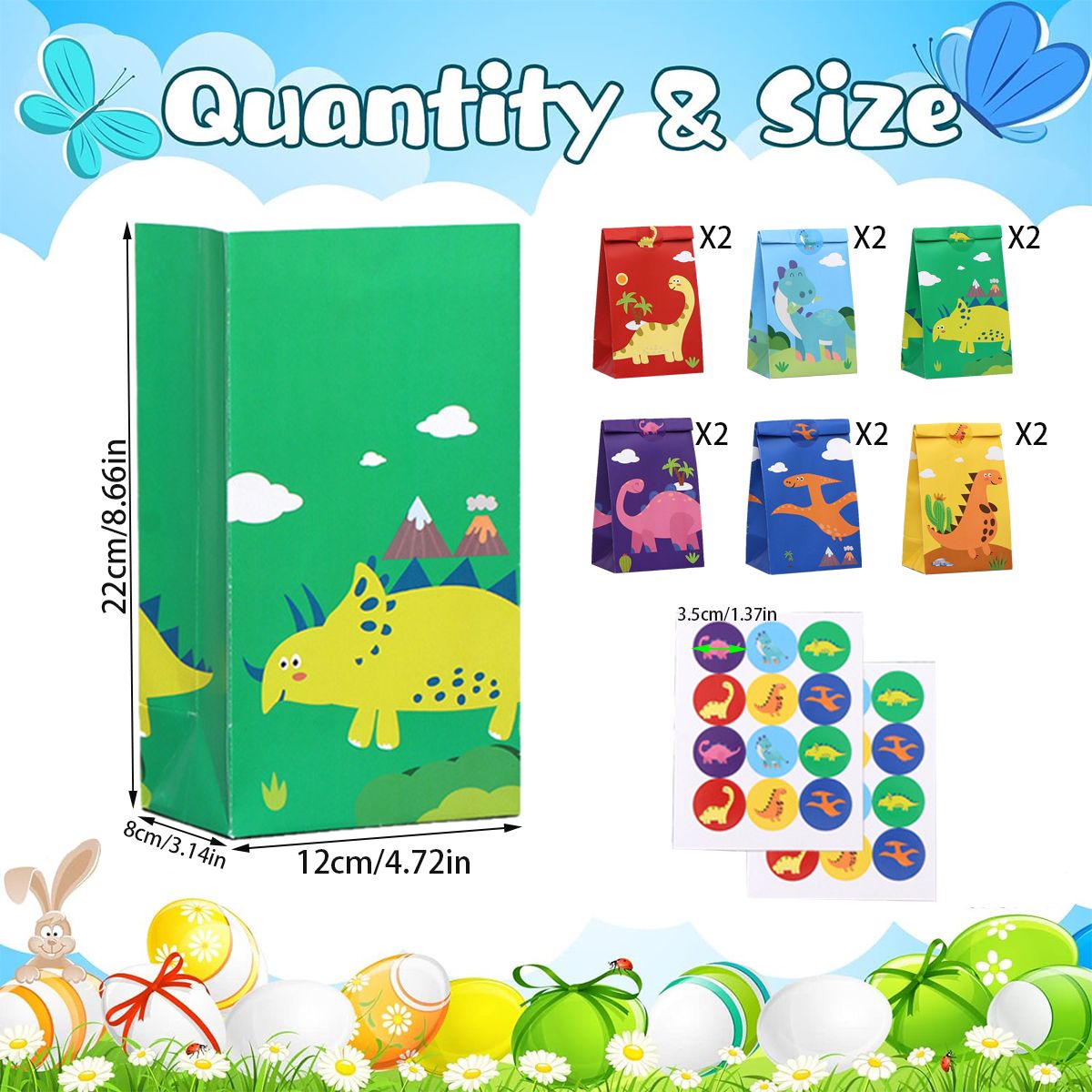 12Pcs Cartoon Dinosaur Gift Bags with 24Stickers,Dinosaur Pattern Paper Treat Wrap Bags Party Favor Gift Supplies for Dinosaur Theme Birthday Party