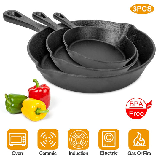 3 Pcs Pre-Seasoned Cast Iron Skillet Set – Durable & Versatile Cookware