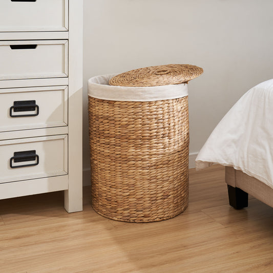 Ludmilla Round Tall Water Hyacinth Woven Wicker Laundry Hamper with Lid - For Clothes, Canvas, Toys and Book Storage with Removable Liner - 15" x 15" x 20" - Natural Brown