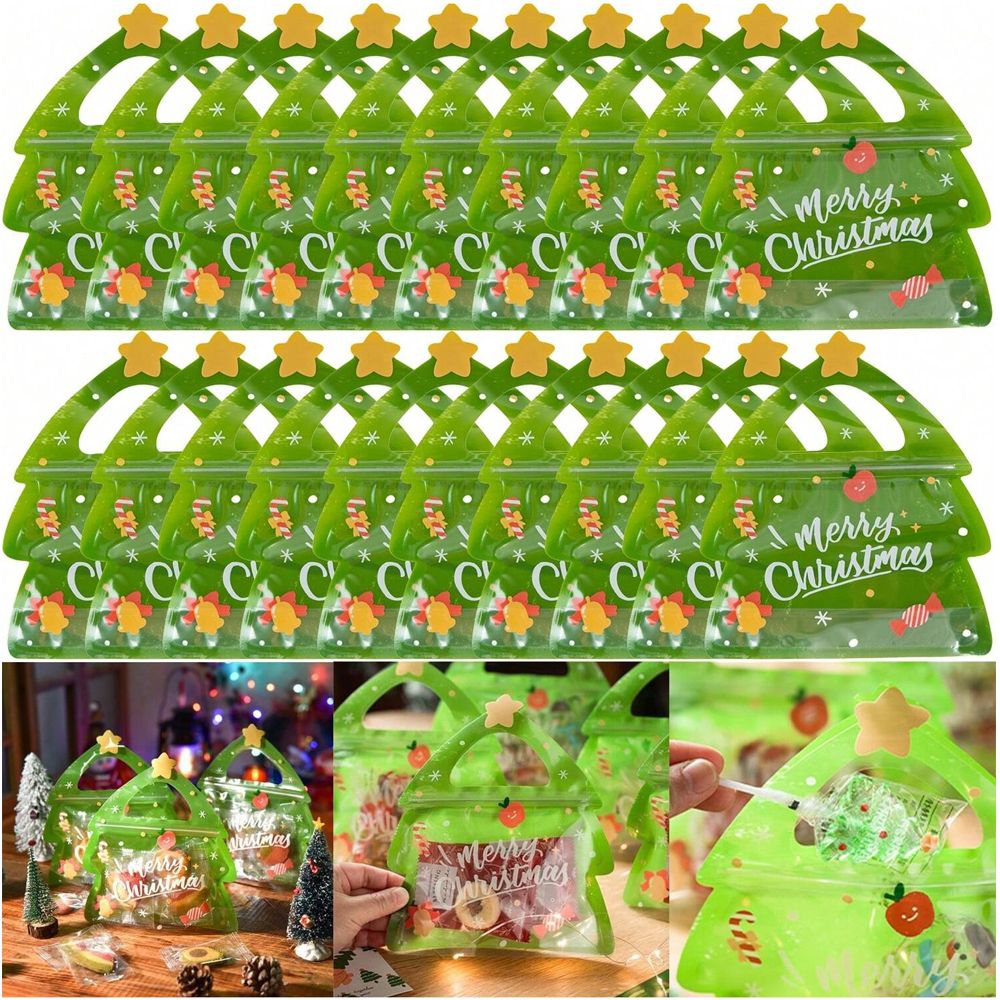 25 Christmas Tree Shape Candy Bags with Handles, Self-Sealing Green Gift Bags for Cookies and Treats