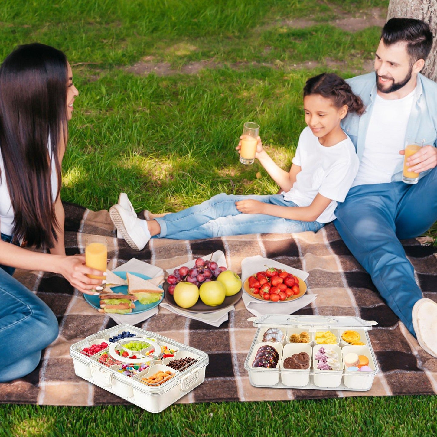 Divided Serving Tray 8 Compartments Snack Box Charcuterie Container Clear Snack Platter Organizer Storage Box with Lid Handle for Candy Nuts Cookies Fruit Snacks Party Wedding