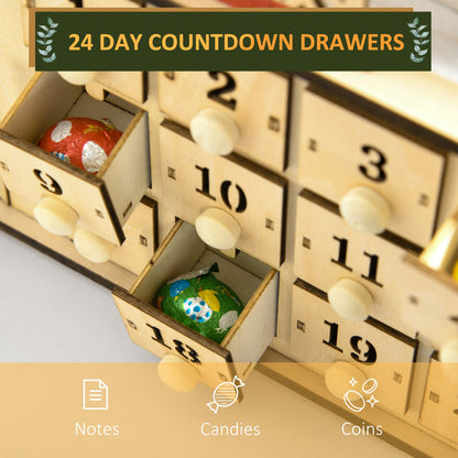 Christmas Advent Calendar with LED Lights, Wooden Holiday Decoration, 24 Countdown Drawers, Battery Operated