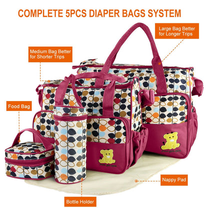 5PCS Baby Diaper Bag Set with Changing Pad & Insulated Pockets