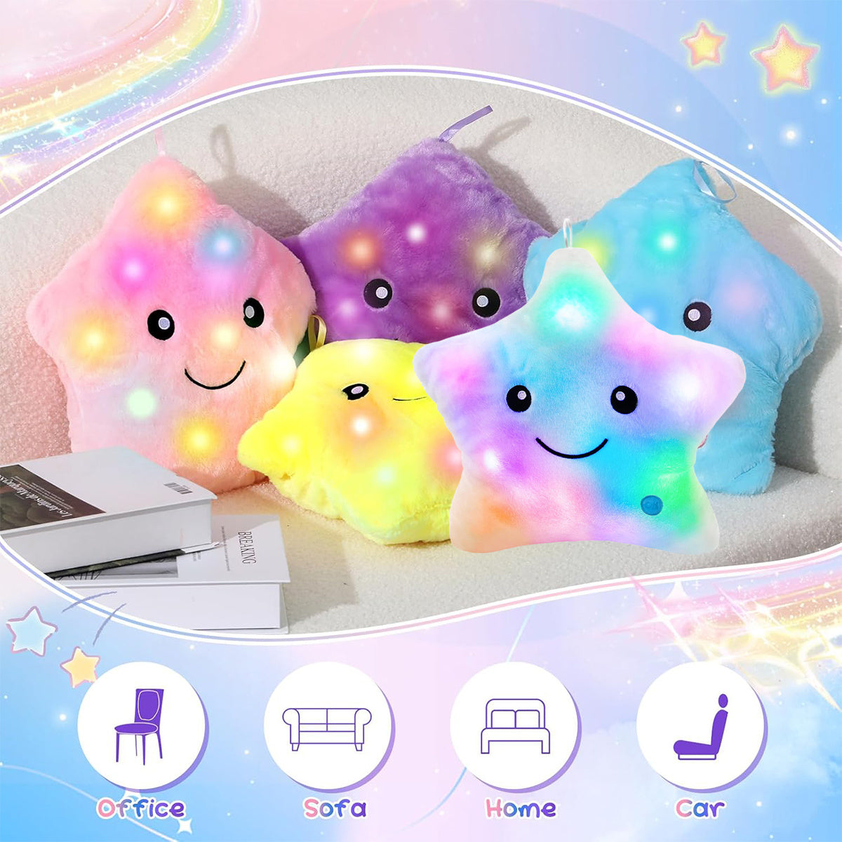 Twinkle Star Plush Pillow, LED Night Light Glowing Cushions, Creative Stuffed Toys Birthday Christmas Gifts for Kids Toddlers, Purple