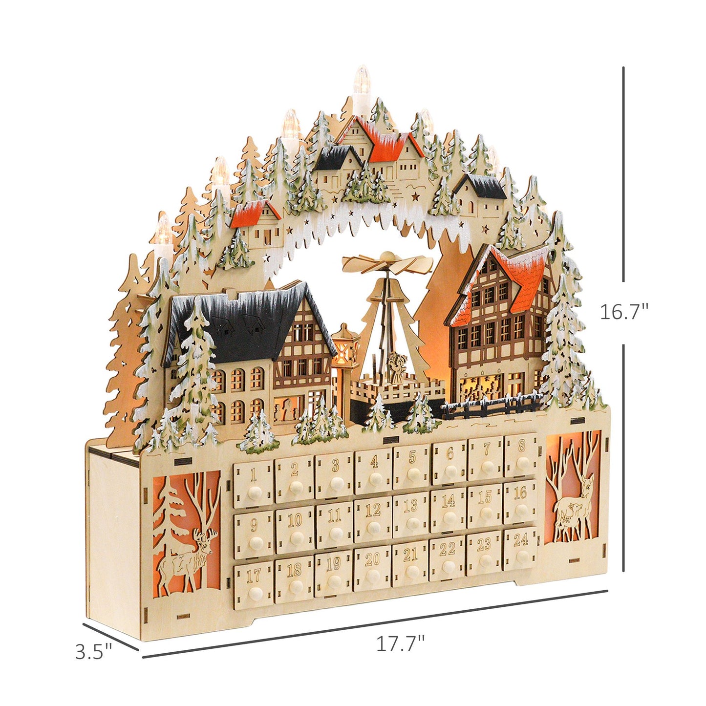 Christmas Advent Calendar with LED Lights, Wooden Holiday Decoration, 24 Countdown Drawers, Battery Operated