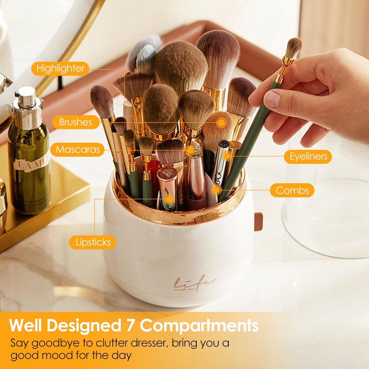 360° Rotating Makeup Brush Holder with Lid