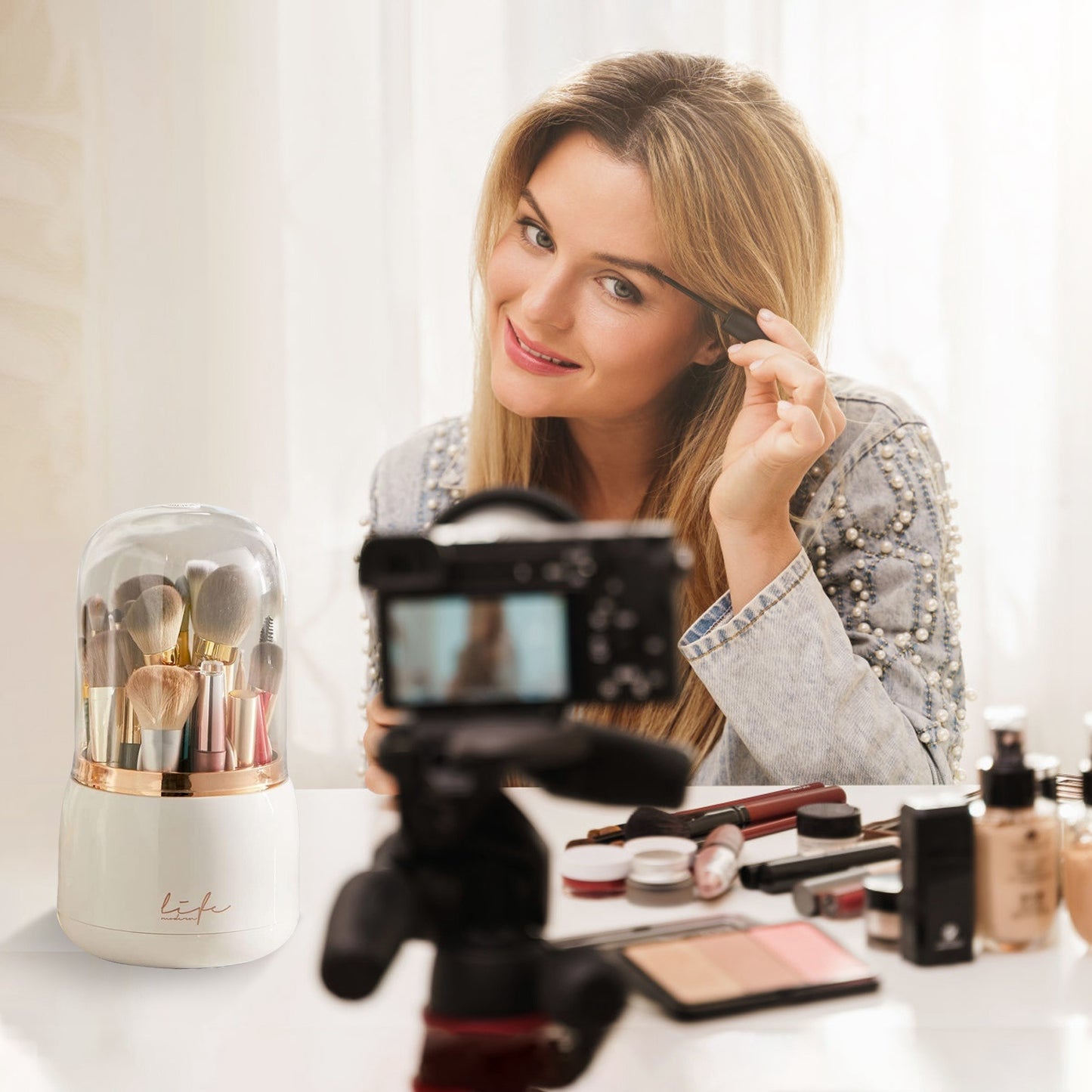 360° Rotating Makeup Brush Holder with Lid