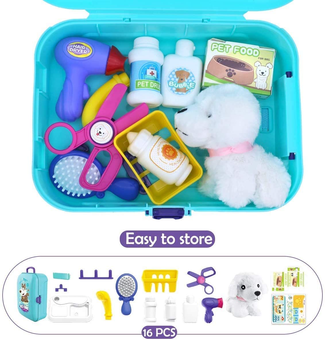 Pet Care Play Set for Kids, 16 Pcs Pretend Medical Play Toy with Backpack, Dog Grooming Kit Educational Toy for 3 4 5 6 7 Year Old Girls Boys