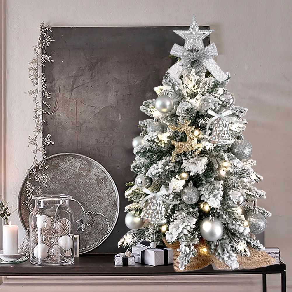 Mini Christmas Tree with Lights and Flocked Snow - Silver