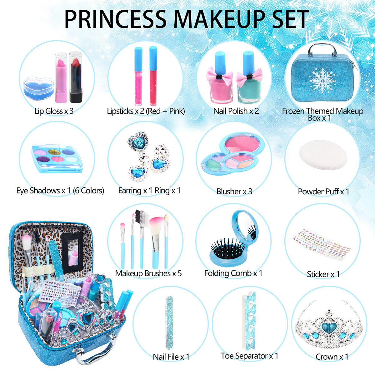 Kids Makeup Kit for Girls, 25 Pcs Washable Makeup Kit, Frozen Makeup Toy Christmas Birthday Gift for 4 5 6 7 8 Years Old Little Girls