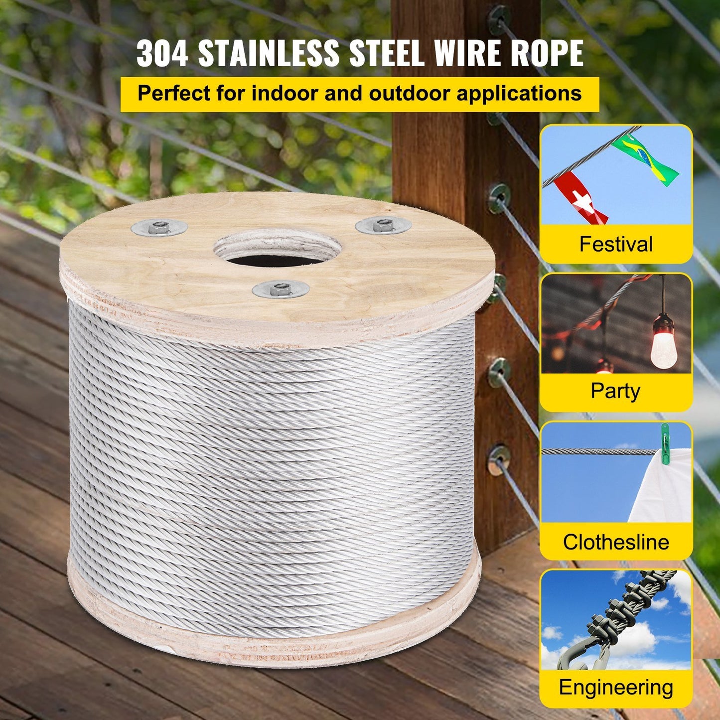 VEVOR Stainless Steel Cable Railing 3/16"x 250ft, Wire Rope 304 Marine Grade, Braided Aircraft Cable 7x19 Strands Construction for Deck Rail Balusters Stair Handrail Porch Fence