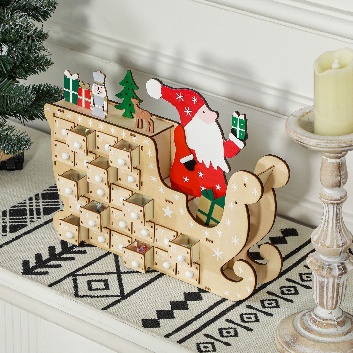 Christmas Advent Calendar with LED Lights, Wooden Holiday Decoration, 24 Countdown Drawers, Battery Operated