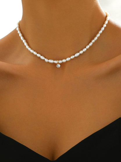 Freshwater Pearl Choker Necklace with Diamond Pendant for Women