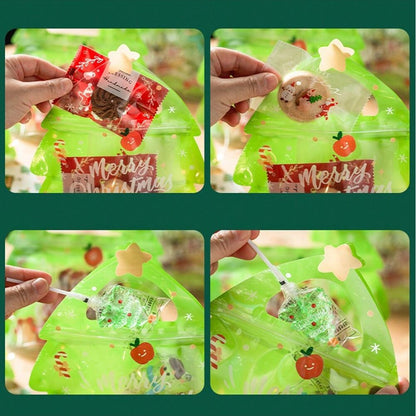 25 Christmas Tree Shape Candy Bags with Handles, Self-Sealing Green Gift Bags for Cookies and Treats