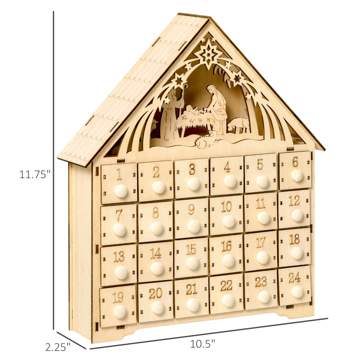 Christmas Advent Calendar with LED Lights, Wooden Holiday Decoration, 24 Countdown Drawers, Battery Operated