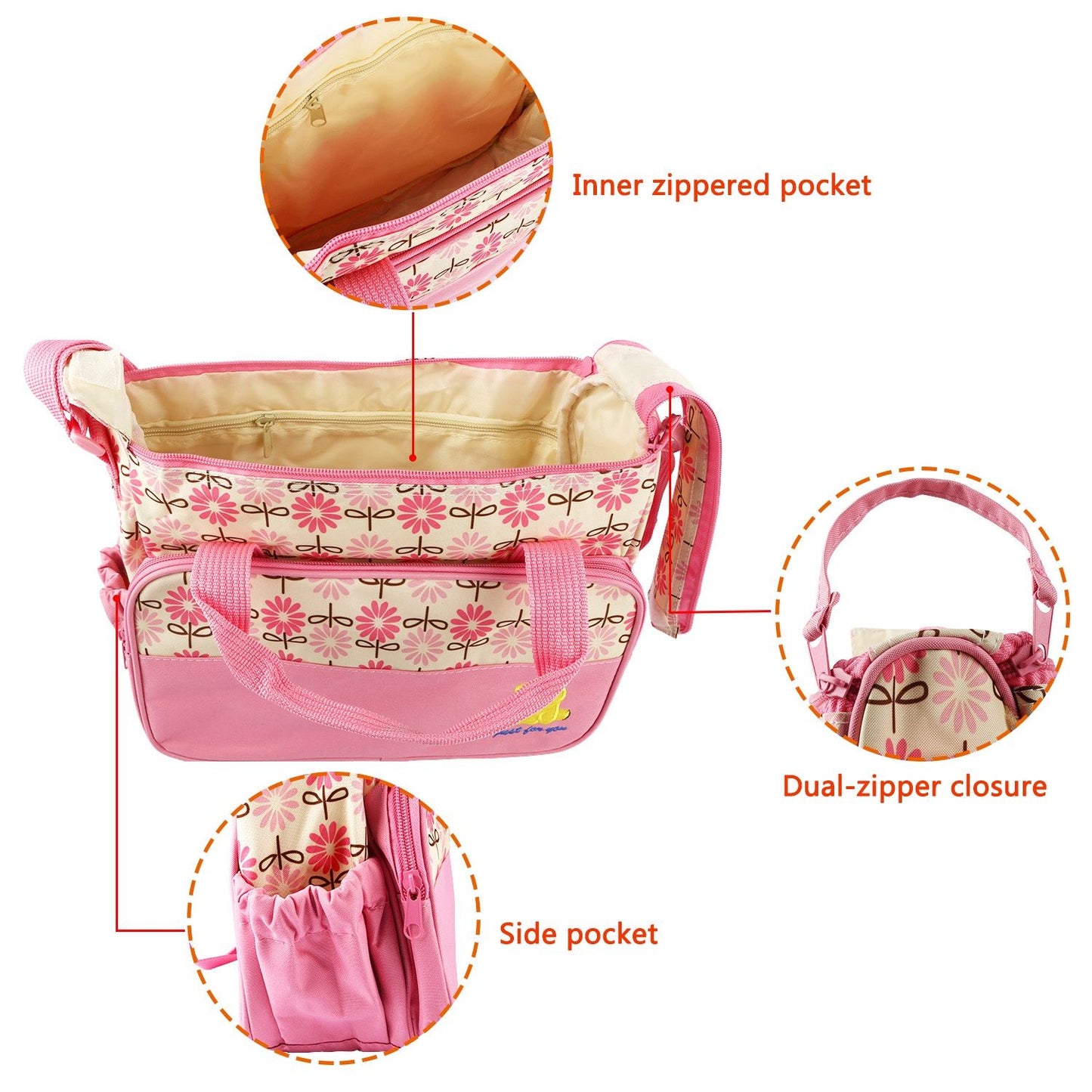 5PCS Baby Diaper Bag Set with Changing Pad & Insulated Pockets