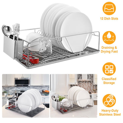 Stainless Steel Dish Drying Rack with Drainboard & Cutlery Holder