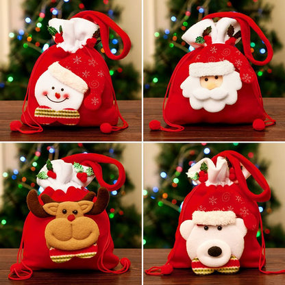 4 pcs Christmas Drawstring Bags – 3D Santa & Reindeer Gift Bags