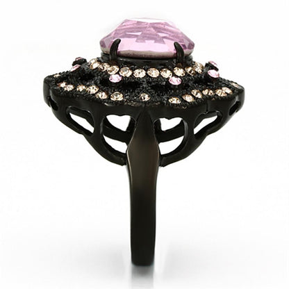 IP Black Stainless Steel Ring with Light Rose Crystal