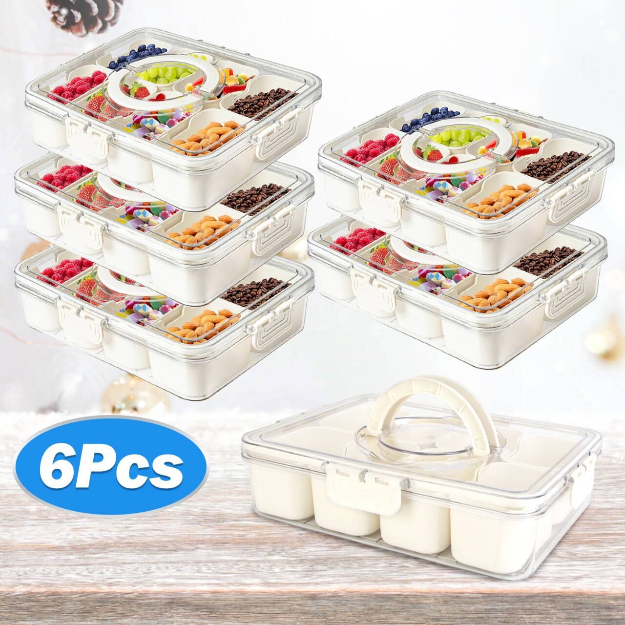 Divided Serving Tray 8 Compartments Snack Box Charcuterie Container Clear Snack Platter Organizer Storage Box with Lid Handle for Candy Nuts Cookies Fruit Snacks Party Wedding