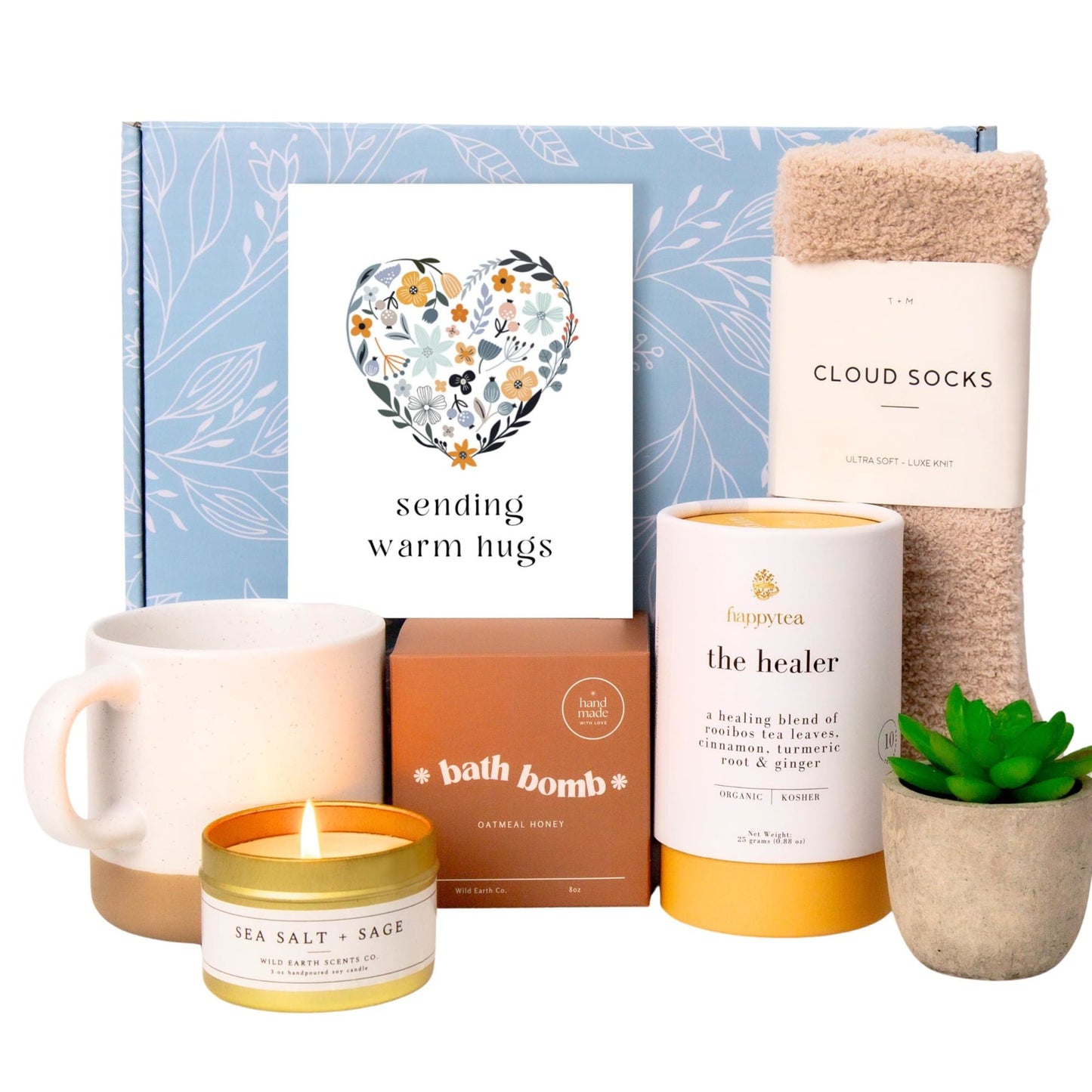 Luxe Get Well Soon Gift Box for Women Organic Self Care Package with Bath Bomb FLuffy Socks Mug Lemon Ginger Tea Set Candle & Warm Hugs Card Feel Better Basket