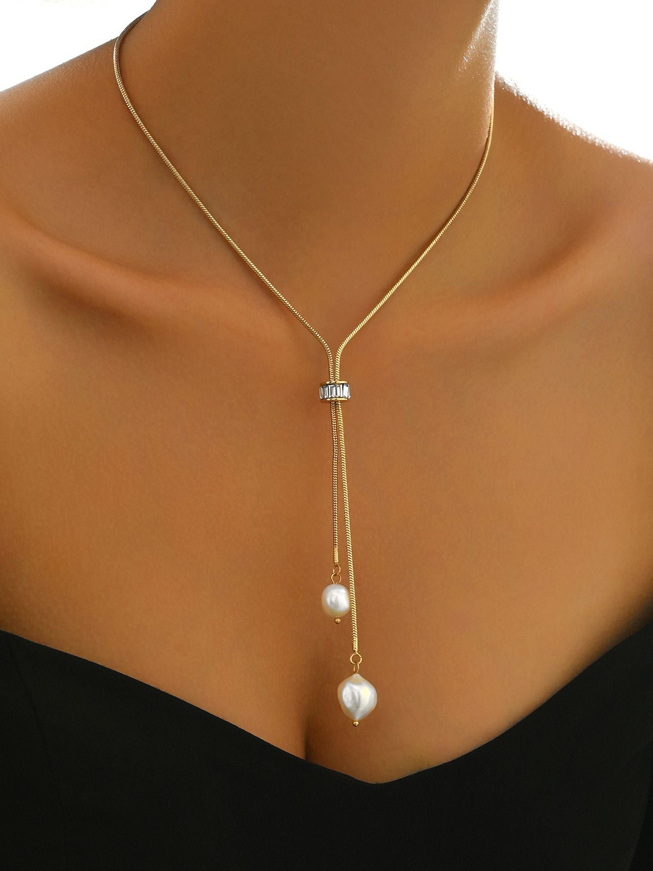 Gold Pearl Pendant Necklace with Adjustable Length for Women