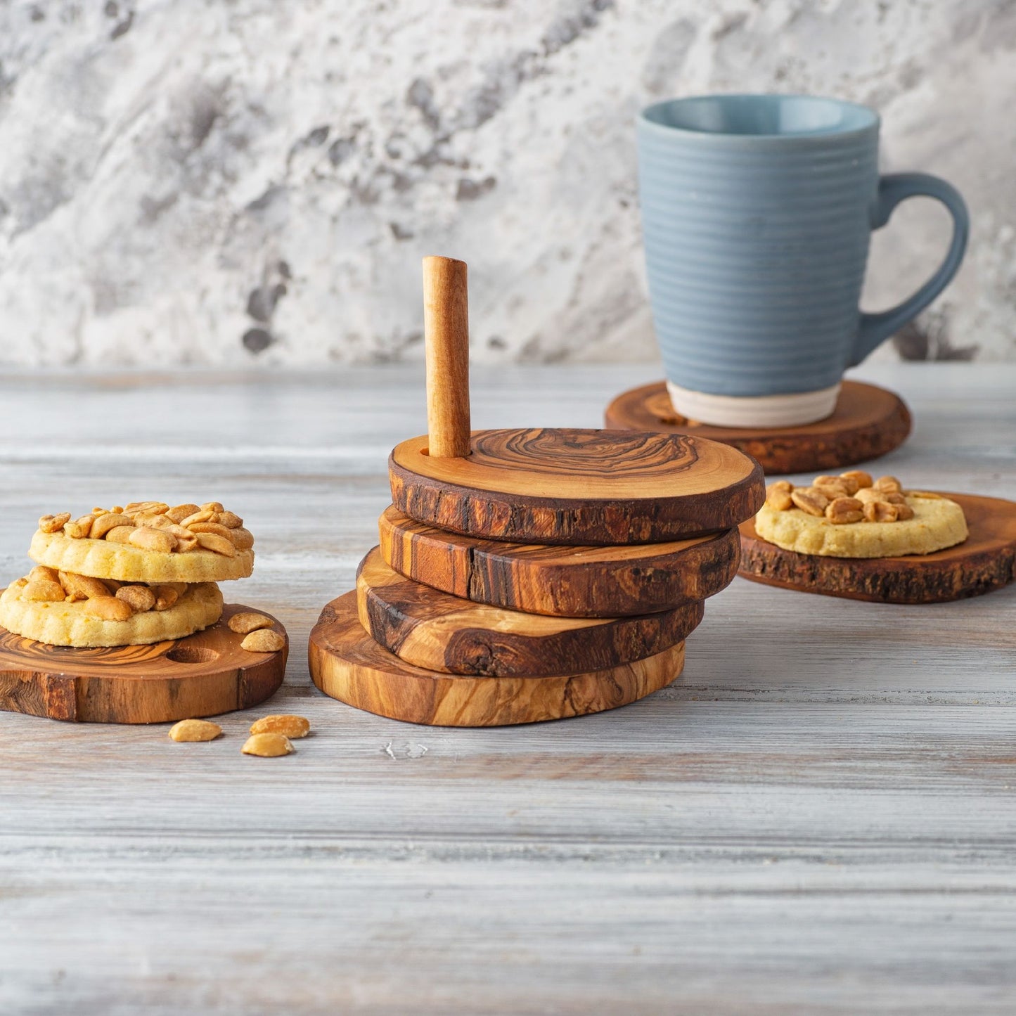 Olive Wood Coaster Set with Holder -7 Pcs