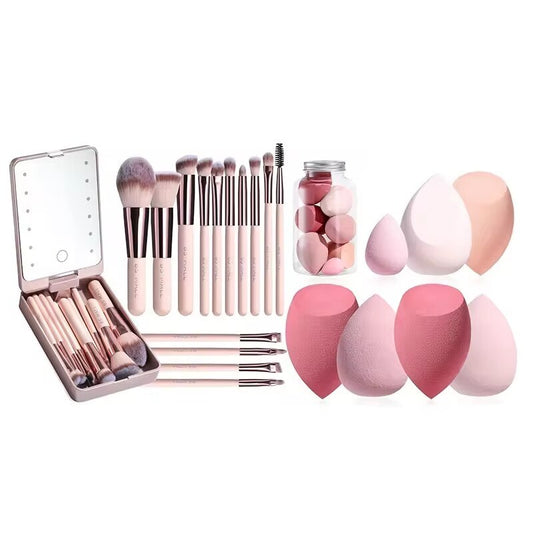 14 pcs Travel Makeup Brush Set with LED Light Mirror