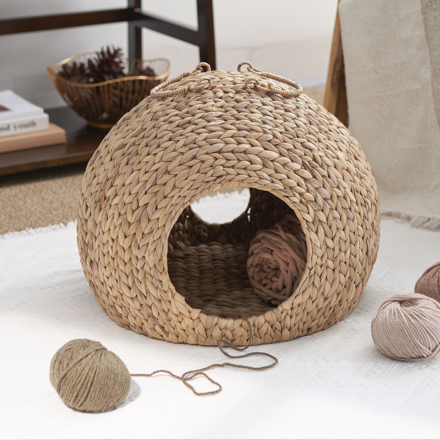 Gertrude Water Hyacinth Round Cat Bed Cave with Handles