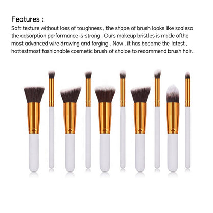 10-Piece Makeup Brush Set (White & Golden) – High-End Beauty Tools with Travel Bag