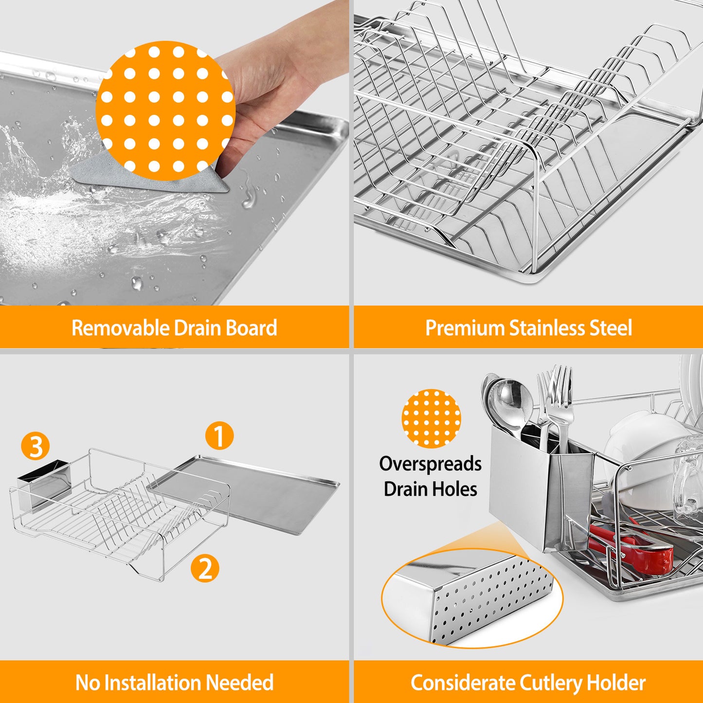 Stainless Steel Dish Drying Rack with Drainboard & Cutlery Holder