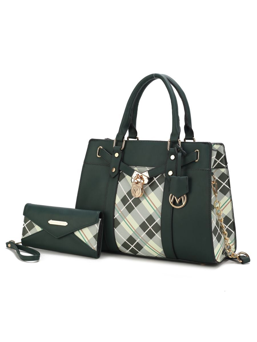 MKF Collection Christine Vegan Leather Plaid Satchel Bag with Wallet