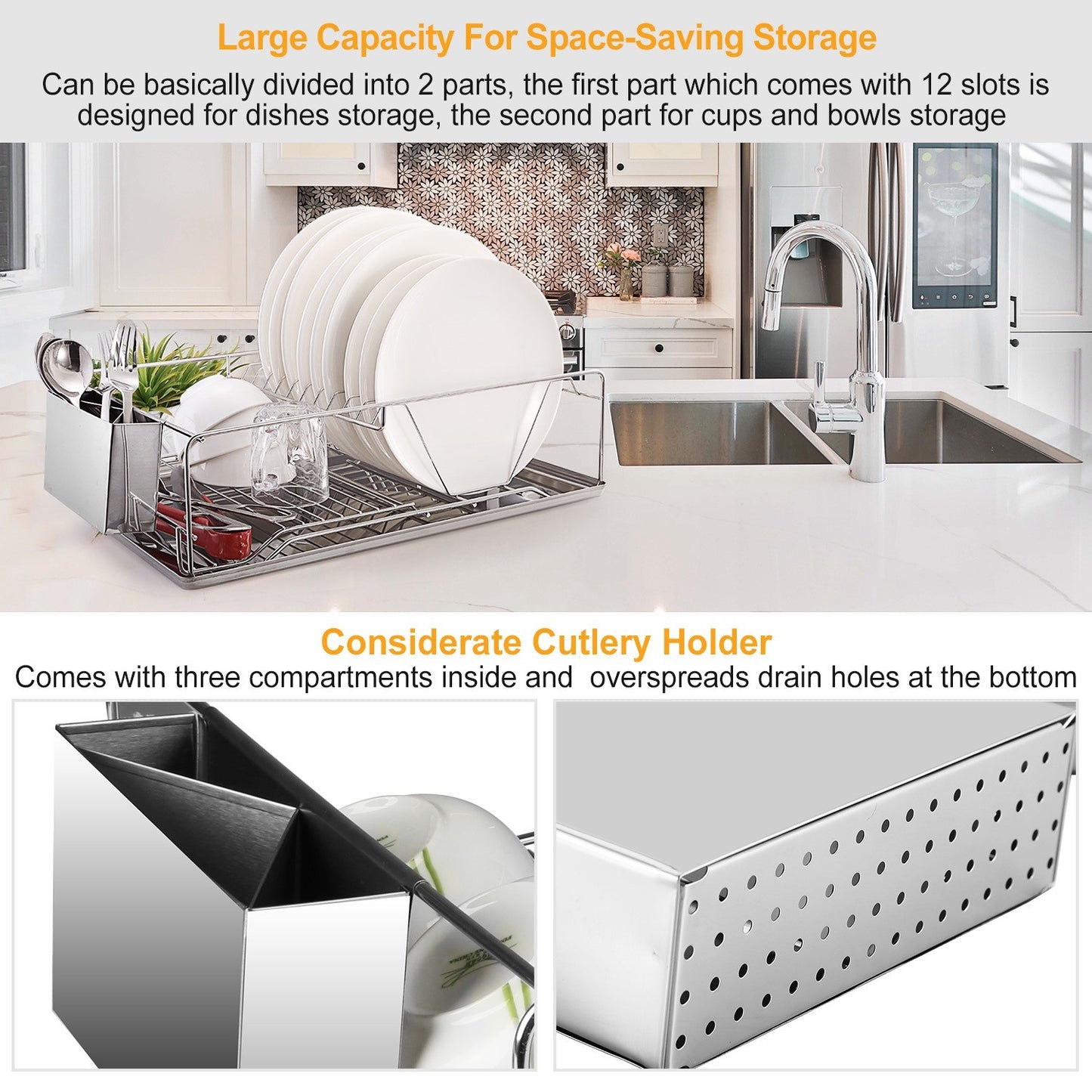 Stainless Steel Dish Drying Rack with Drainboard & Cutlery Holder