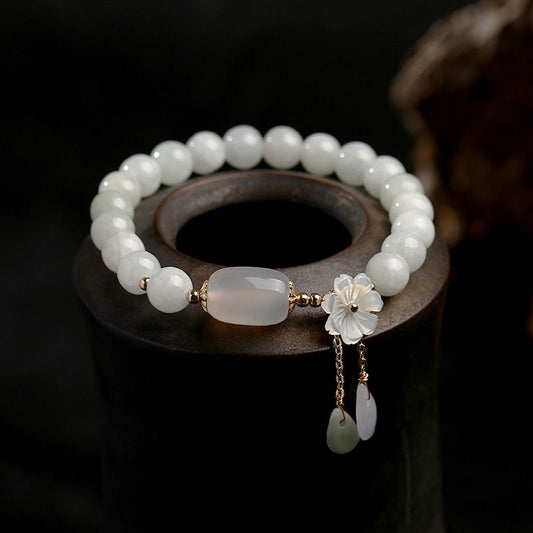 Natural Jade Bracelet with 14K Gold & Shell Flower Charm