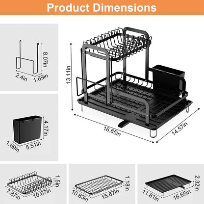 2-Tier Dish Drying Rack with Drainboard & Detachable Organizer