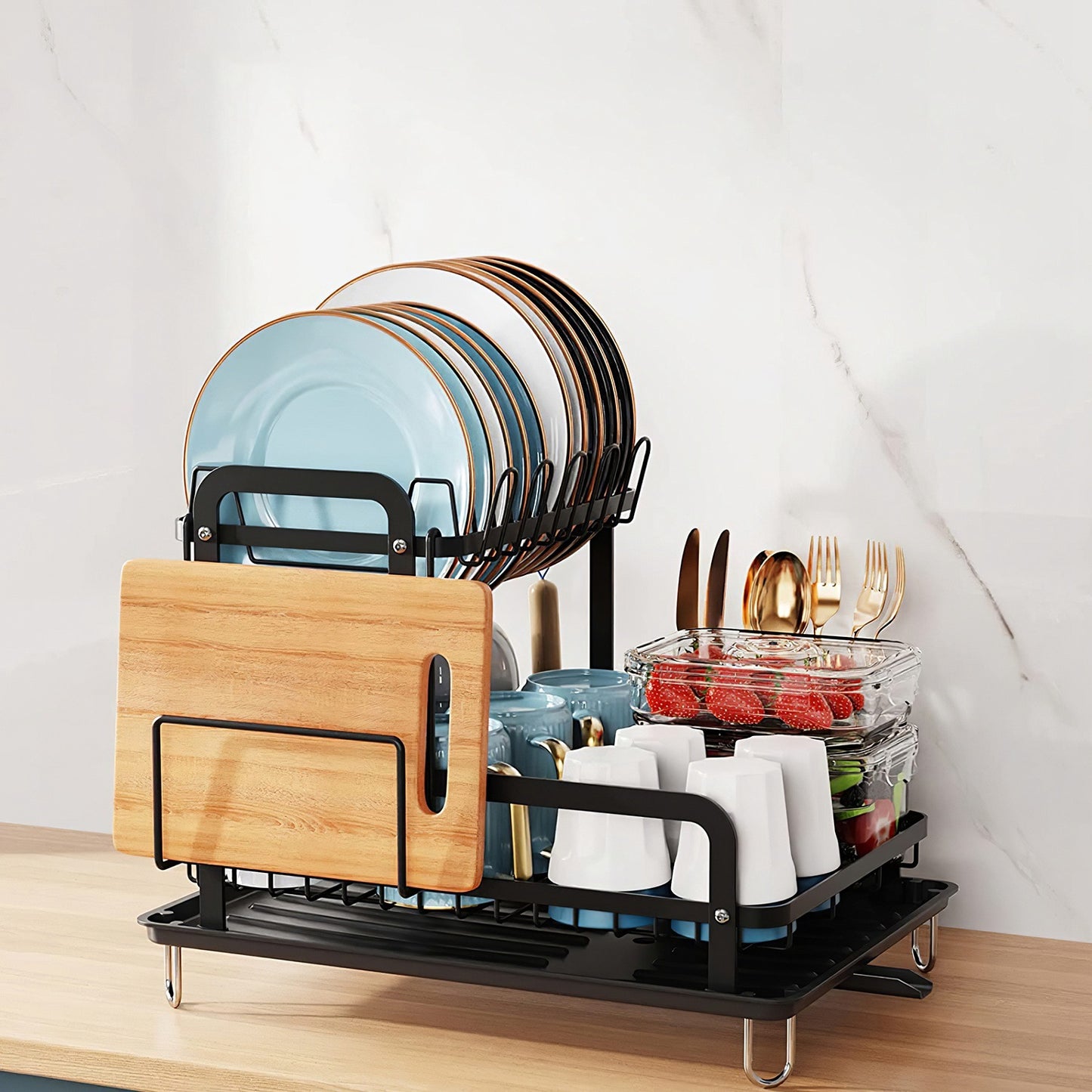 2-Tier Dish Drying Rack with Drainboard & Detachable Organizer