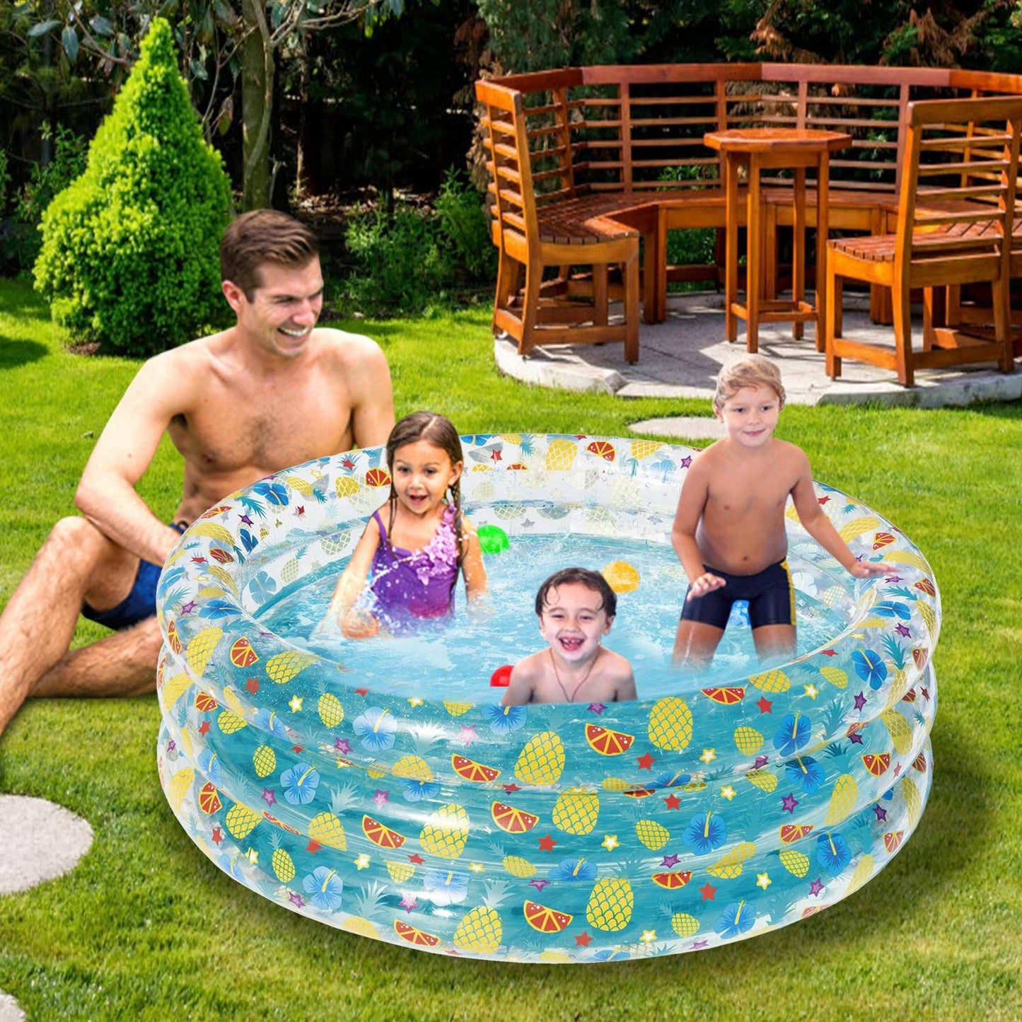 59x21in Inflatable Family Pool for 3 Kids – Foldable Swim Ball Pool Center