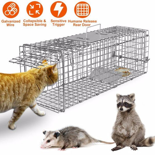 Humane Cat Trap Cage Catch Release Live Animal Rodent Cage Collapsible Galvanized Wire for Small Raccoons Beavers Groundhogs Foxes Armadillos