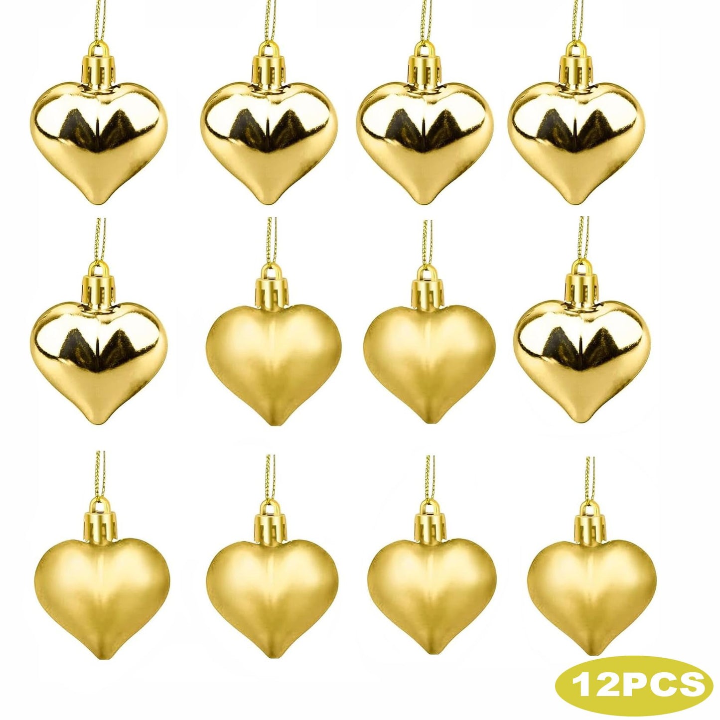 12PCS Christmas Heart Ornaments Gold Red Pink Silver Hanging Pendants